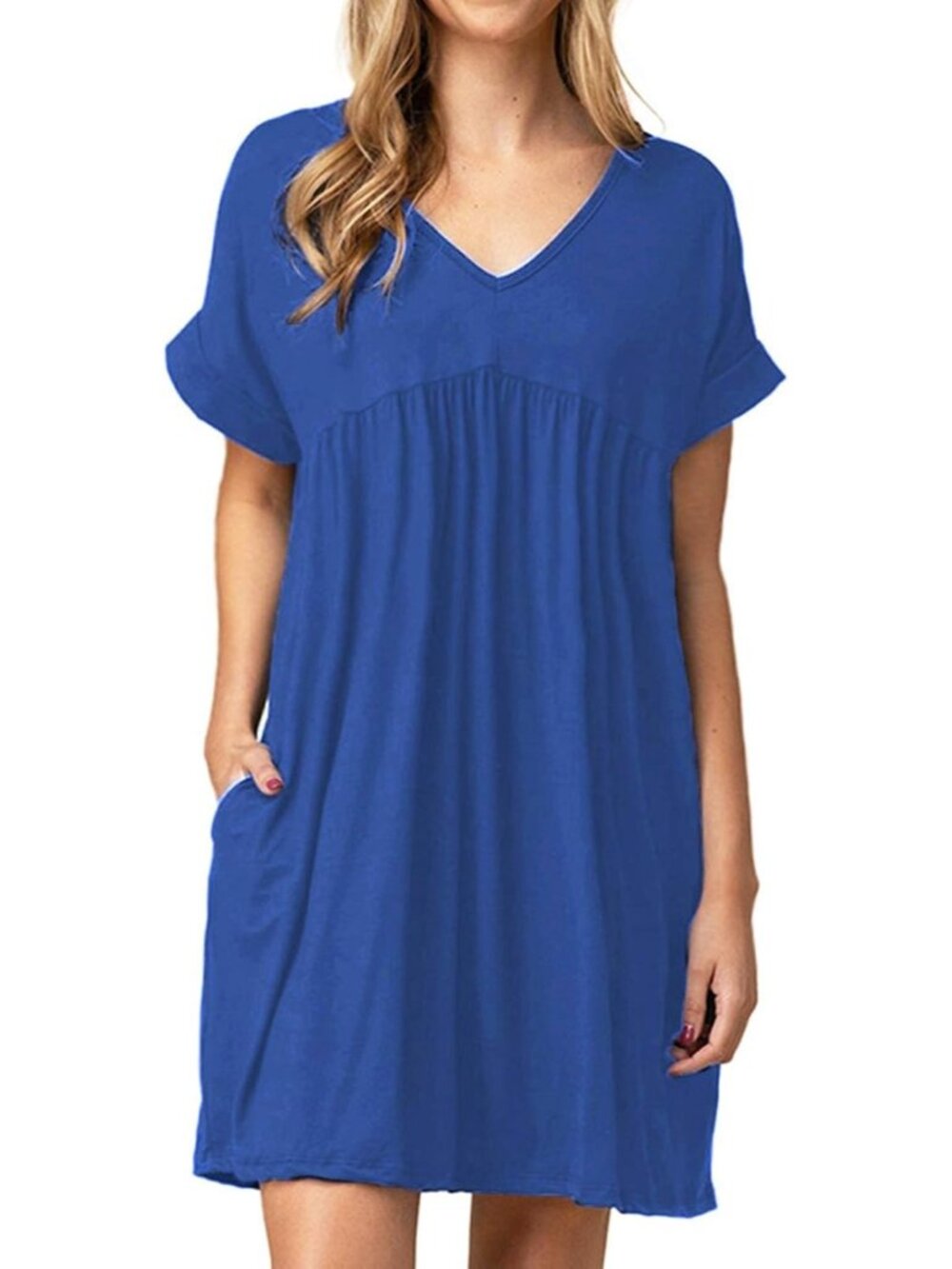 Women's Blue Summer Tshirt Dress Babydoll Casual Mini Tunic Ruched Flowy Dress